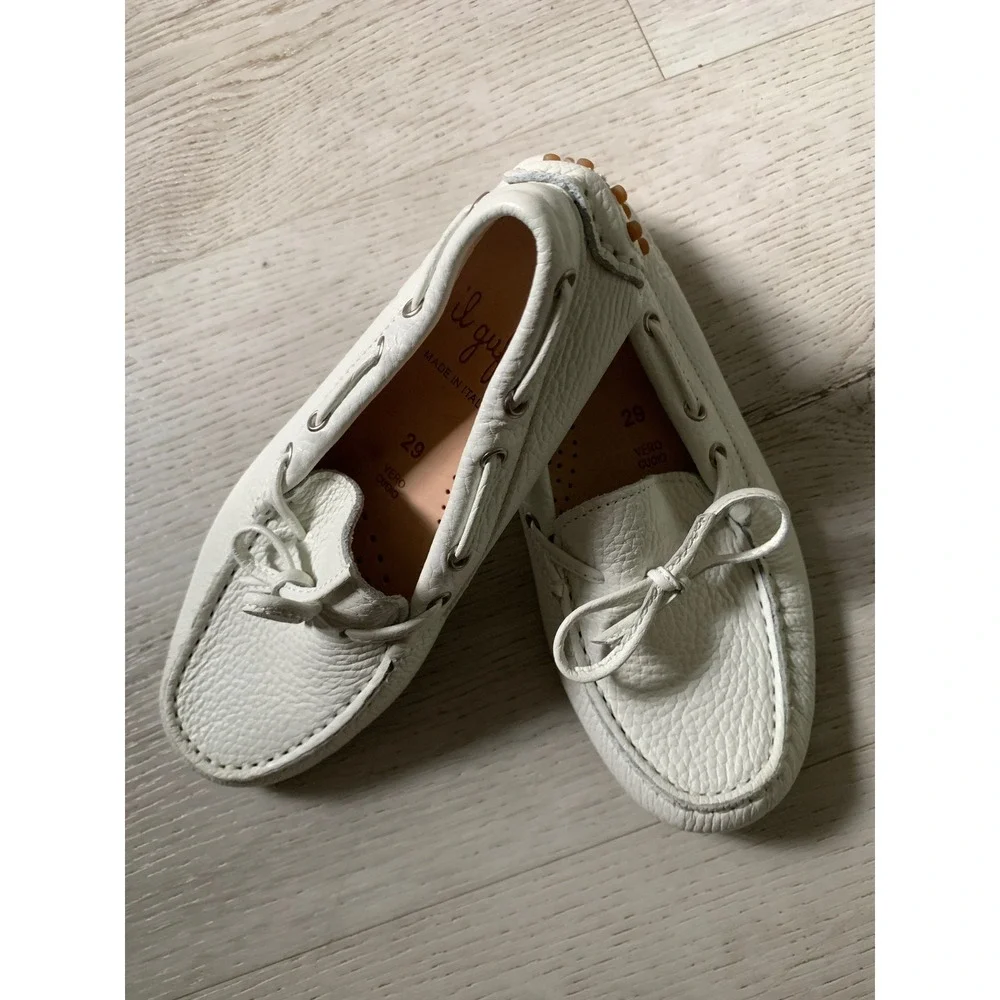 Il Gufo Kids White Pebbled Leather Driving Loafers Size 29 Made in Italy Moc Toe